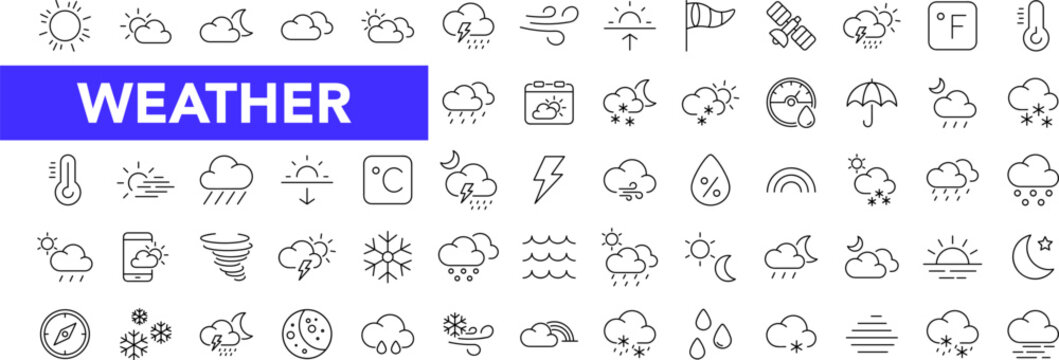 Weather icon set with editable stroke. Forecast weather thin line icon collection. Vector illustration
