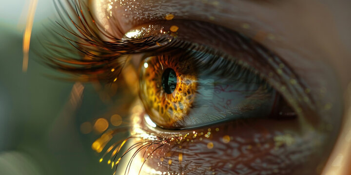 Close up portrait of a woman's eye with sparkling gold iris, beauty and elegance concept