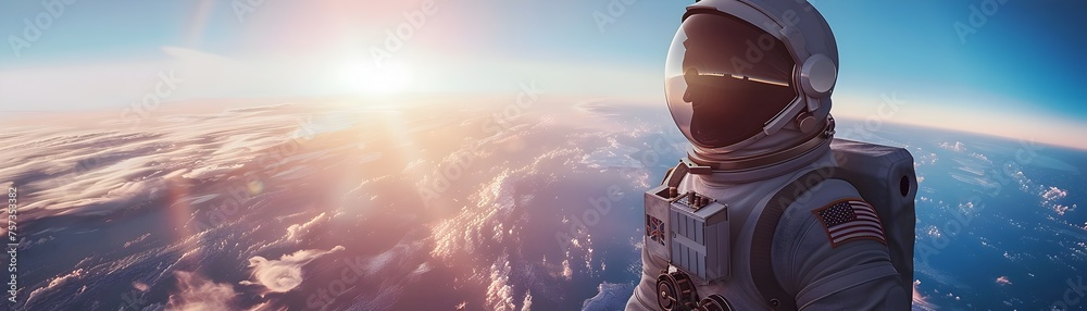 Wall mural a man in a spacesuit is standing on the surface of the moon