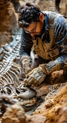 Fototapeta na wymiar A man is working on a dinosaur skeleton. He is wearing a black jacket and a pair of gloves