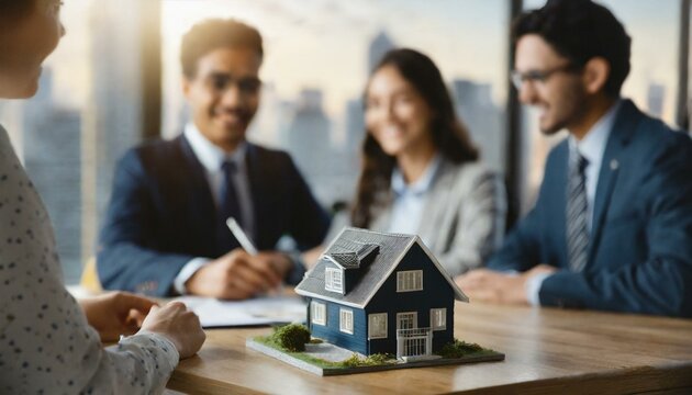 Real estate agent or realtor signing mortgage agreement for new home with couple of happy young clients. Concept of home loan and buying own property
