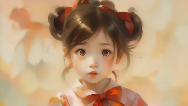 Video portrait of a cartoon adorable Korean girl with amber eyes