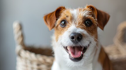 Joyful puppy, close up portrait of Jack Russell terrier with wicker basket on the background