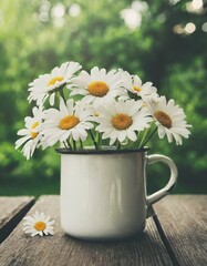 Rustic white enamel mug filled with fresh white daisies on a wooden table 