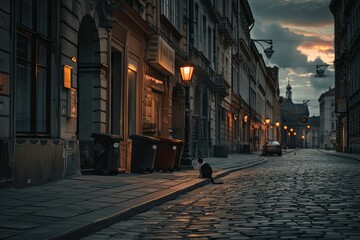 Deserted urban street at dusk with vintage lampposts, cobblestone pavement, and a lone cat. Moody atmosphere with closed bookstore and trash bins