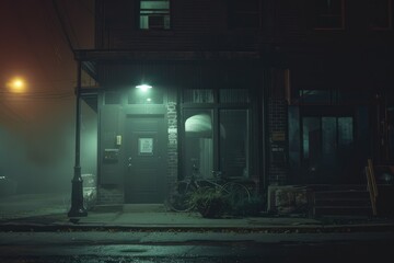 Eerie foggy street with abandoned shops, overgrown bicycles, and flickering streetlamps creating a mysterious and haunting urban atmosphere - obrazy, fototapety, plakaty