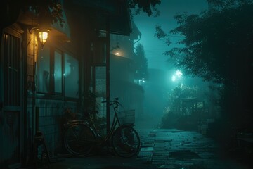 An eerie urban street at night with fog, abandoned shops, overgrown bicycles, and streetlamps casting mysterious shadows - obrazy, fototapety, plakaty