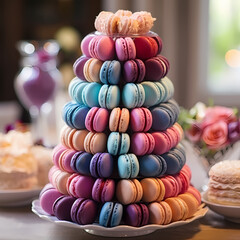Stacks of colorful macarons on a dessert table.