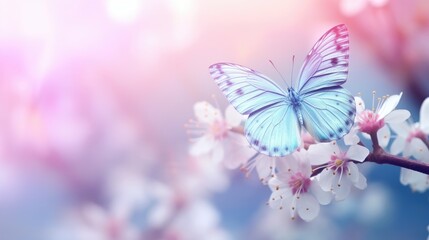 Gentle Blue Butterfly Perches on Blossoming Branch During Springtime