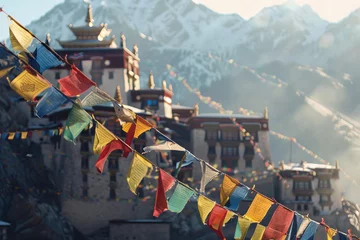 Crédence de cuisine en verre imprimé Himalaya Serene Mountain Temple Adorned with Colorful Prayer Flag Banner