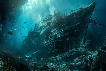Majestic Sunken Ship Embraced by Aquatic Life and Light Banner
