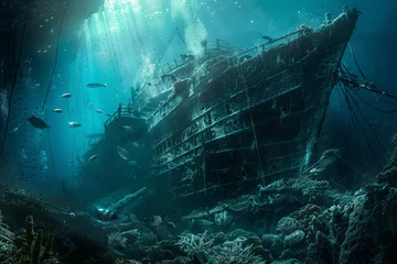 Fotobehang Majestic Sunken Ship Embraced by Aquatic Life and Light Banner © DmitrySergeevich