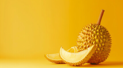 Halved durian fruit on yellow background