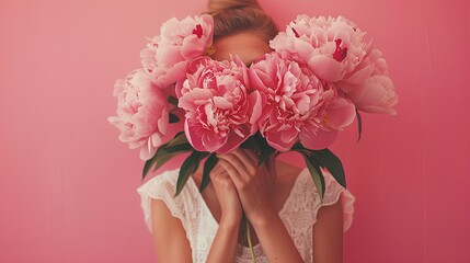 Woman covering her face with bouquet of big peonies and staying on solid pink background