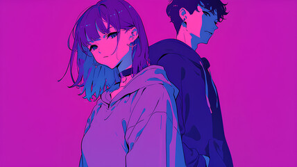 Anime models of beautiful girls and handsome boys pose seriously, with purple and half black filters
