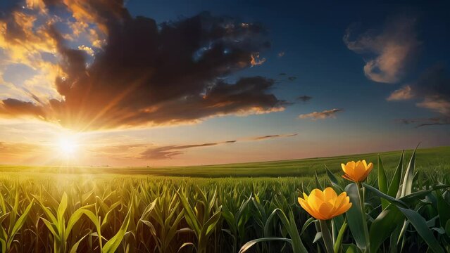 Sunny Field Horizon: A beautiful landscape capturing the bright sunset over a vast green meadow, with the sun setting amidst the blue sky, casting a golden glow over the countryside