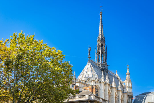 Spire of the Sainte-Chapelle church on sunny day