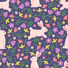 Seamless pattern of cute rabbits and flowers on dark blue background. Template for postcard, card, print, wallpaper - obrazy, fototapety, plakaty