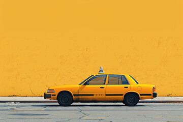 Yellow taxi parked on an urban street against a yellow wall - obrazy, fototapety, plakaty