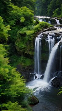Forest Waterfall: A serene cascade amidst lush greenery and rocky terrain, harmonizing with nature's tranquil flow