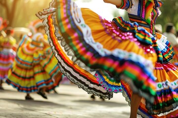Vibrant Mexican folk dancers whirl in traditional costumes.