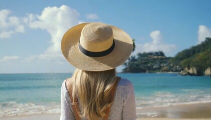 Fototapeta na wymiar Traveller woman in hat looking on tropical beach, rear view
