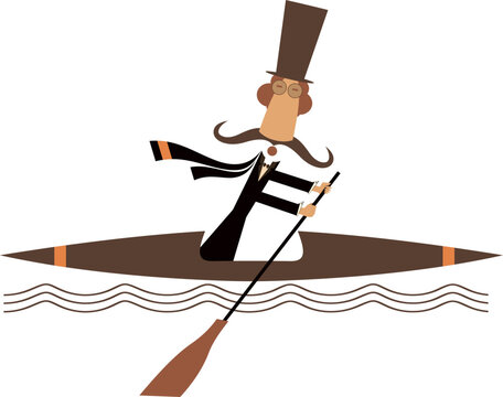 Boating man in the top hat. 
Cartoon long mustache man in the top hat floating on the waves on a boat
