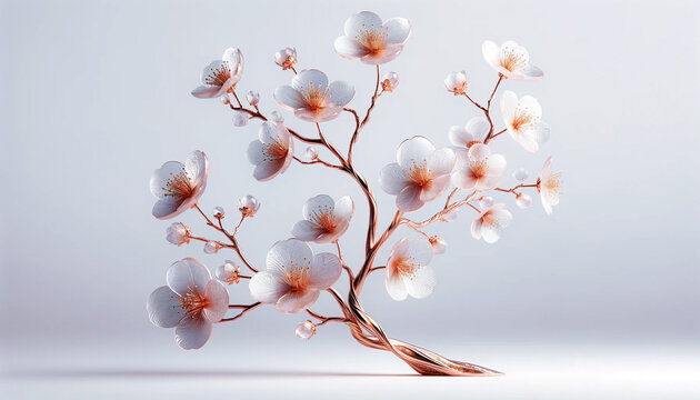Sakura flowers frosted glass petals with pink gold branch 3D render style isolated on white background in concept luxury, modern, floral art.