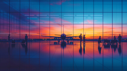 Passengers waiting for a plane at the airport at sunset, abstract background