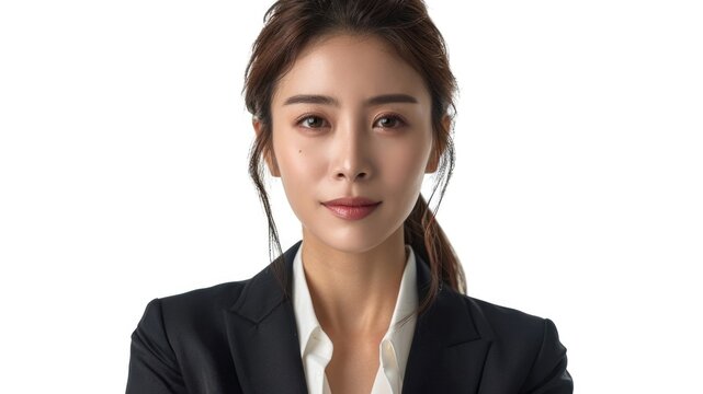 Millennial 35s woman portrait. Asian female freelancer in black suit. Girl headshot. Young adult entrepreneur person photo. Asia business career. White background. Successful confident businesswoman.