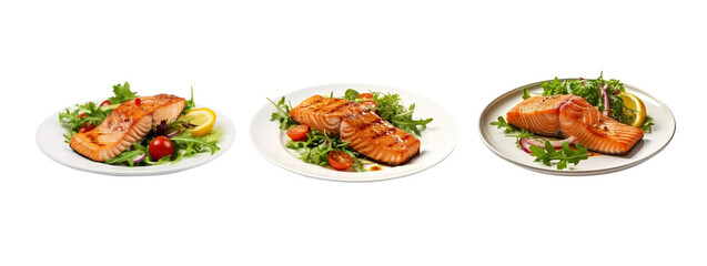 Set of salmon steak grilled on plate isolated on transparent background, for advertising illustration.