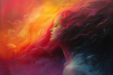 A vibrant painting depicting a womans face against a colorful background inspired by the Holi Festival of Colors, copy space - obrazy, fototapety, plakaty