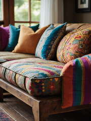 Close-up of a rustic sofa with an array of colorful pillows against an arch window, illustrating the lively and varied character of eclectic home interior design.