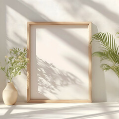3d wooden frame hanging on the wall, in the style of photorealistic still life, photo-realistic still life, poster, Picture Frame on minimal wall texture background. Mock up frame in home.