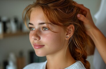 Fototapeta premium Woman in salon getting layered hair done by hairdresser
