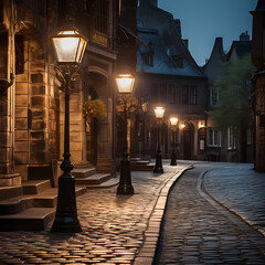 Vintage street lamps lining a cobblestone street. 