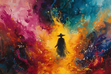 Obraz na płótnie Canvas A painting depicting a person wearing a hat at the vibrant Holi Festival of Colors