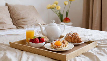 Fototapeta na wymiar Traditional romantic breakfast in bed in white and beige bedroom