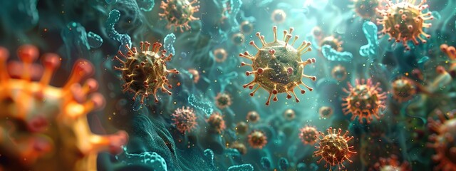 3d image of viruses and bacteria on a dark background A microscopic image of virus cells. - obrazy, fototapety, plakaty