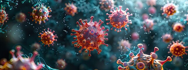 3d image of viruses and bacteria on a dark background This is an image of a virus. The virus is round and has a spiky outer coat. The virus is shown in great detail, and the colors are very bright. - obrazy, fototapety, plakaty