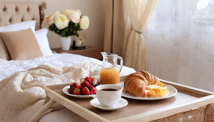 Traditional romantic breakfast in bed in white and beige bedroom