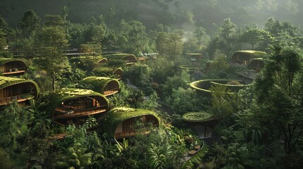 Create a soothing depiction of a sustainable eco-friendly village nestled in a lush forest - obrazy, fototapety, plakaty