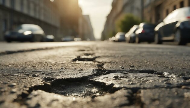 Very bad quality street with potholes. Damaged asphalt pavement road with potholes in city