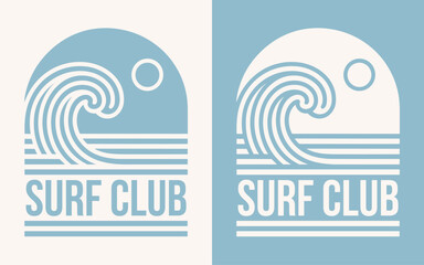 Surf club surfing lover surfer squad crew group team gang. Boho elegant retro vintage badge logo. Ocean sea wave sun minimalist illustration. Vector text for shirt design clothing and print cut file. © Pictandra