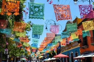Colorful papel picado streamers flutter above a lively street, evoking the festive spirit of a celebration.