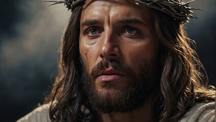 Close-up photorealistic rendering of Jesus Christ, bearing the crown of thorns, conveying the depth of His sacrifice.
