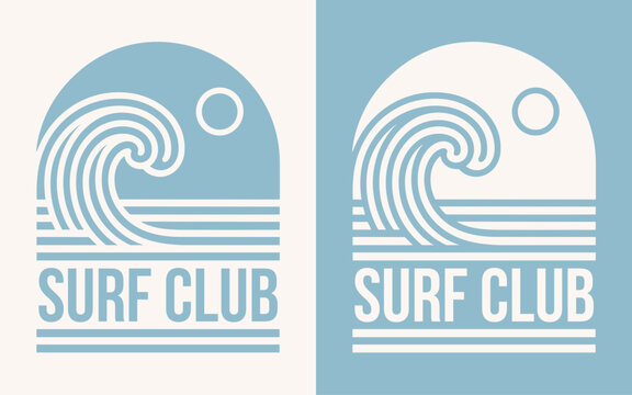 Surf club surfing lover surfer squad crew group team gang. Boho elegant retro vintage badge logo. Ocean sea wave sun minimalist illustration. Vector text for shirt design clothing and print cut file.