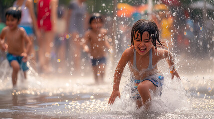 Exuberant Child Splashing Water in Summer Fun at a Water Park