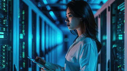 Focused IT professional using a laptop while standing in a server room with racks of network equipment illuminated by blue lights