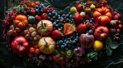 The heart shape is formed by different vegetables and fruits